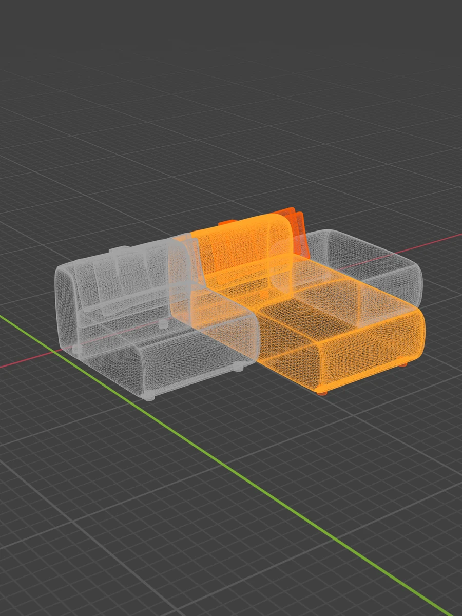 The Amada sofa as a wireframe in Blender, the chaise module selected in orange