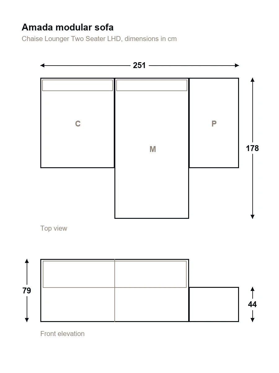 Dimension drawing of the Amada Chaise Lounger Two Seater, top view and front elevation in centimetres