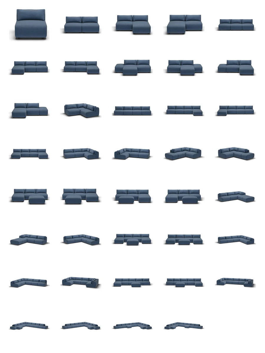 The 39 configurations of the Amada modular sofa, from the single seat to the eleven-module corner