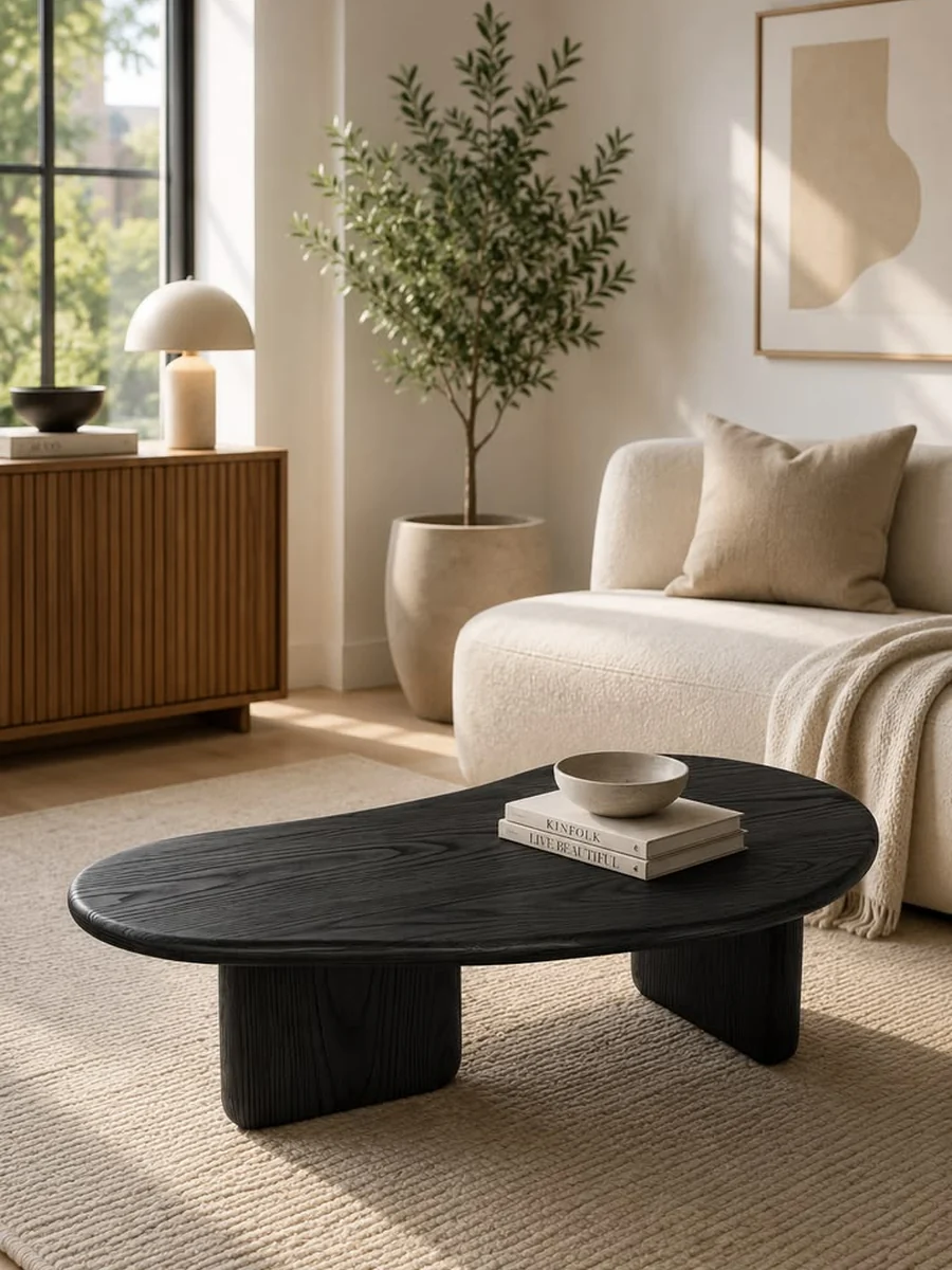 CGI lifestyle render of a black oval coffee table in a living room