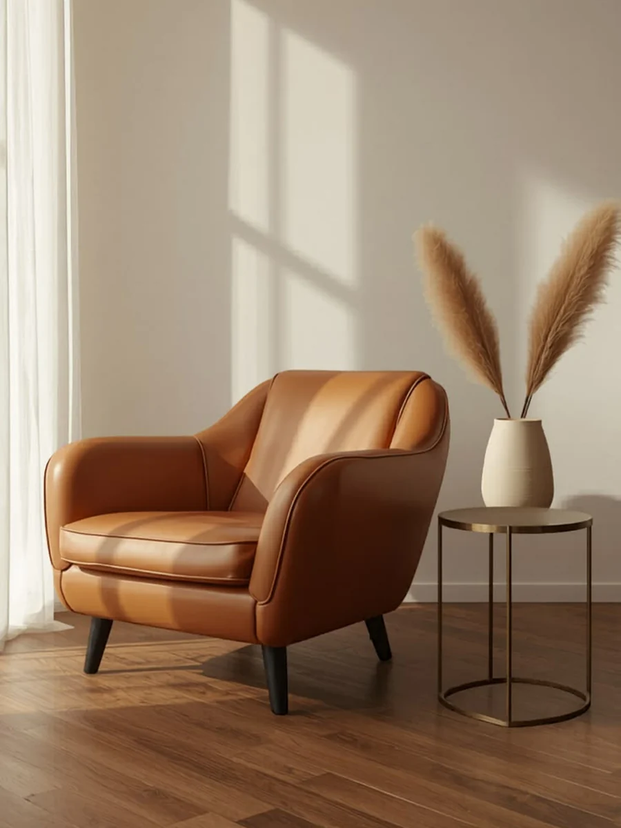 CGI lifestyle render of a cognac leather armchair in a sunlit room