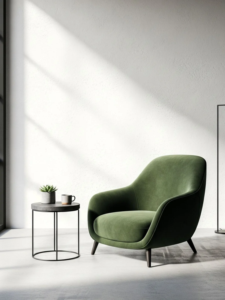 CGI lifestyle render of a green armchair against a sunlit wall