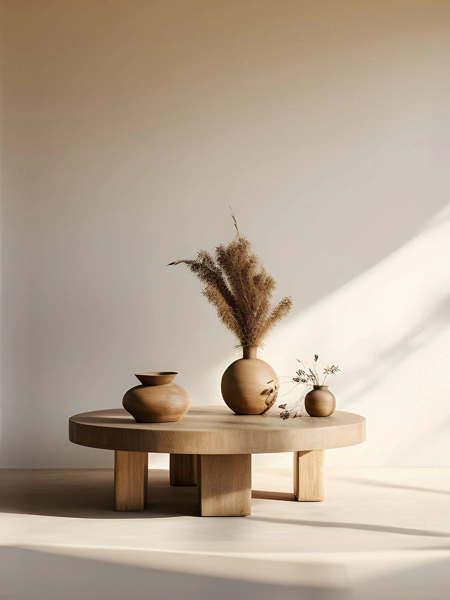 CGI lifestyle render of a round wood coffee table styled with vases