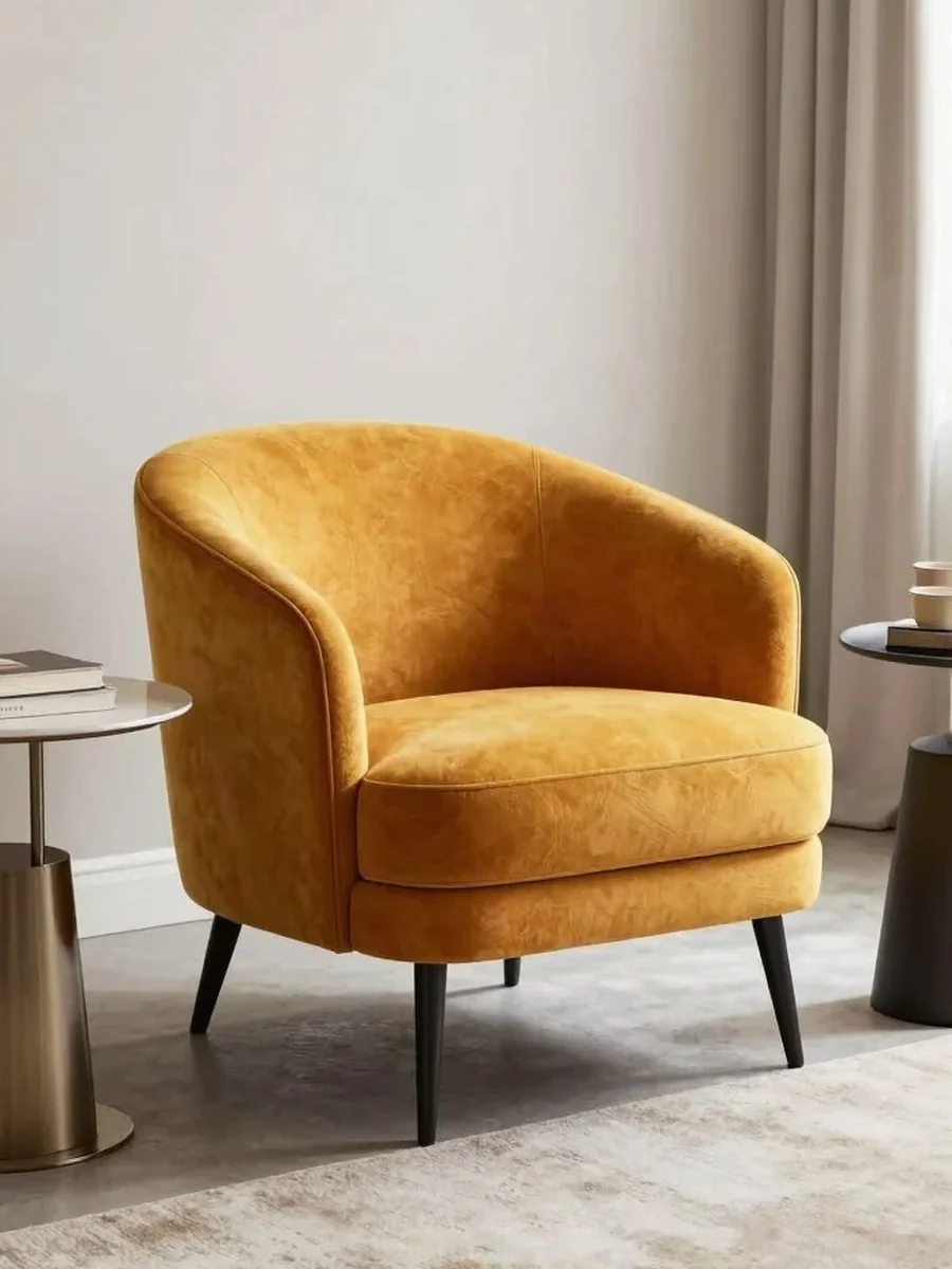 CGI lifestyle render of a yellow velvet armchair beside a side table