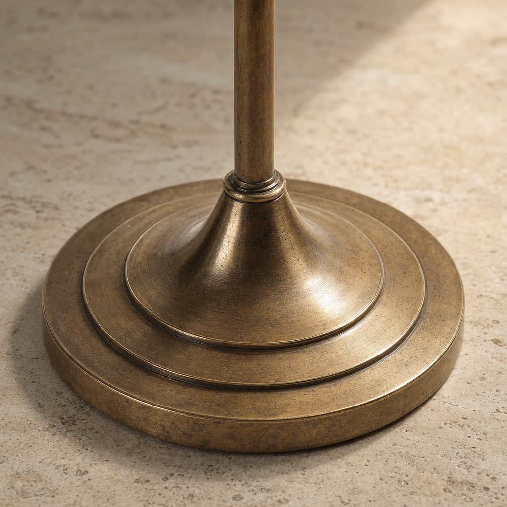 AI lifestyle scene, close detail of a stepped antique brass lamp base