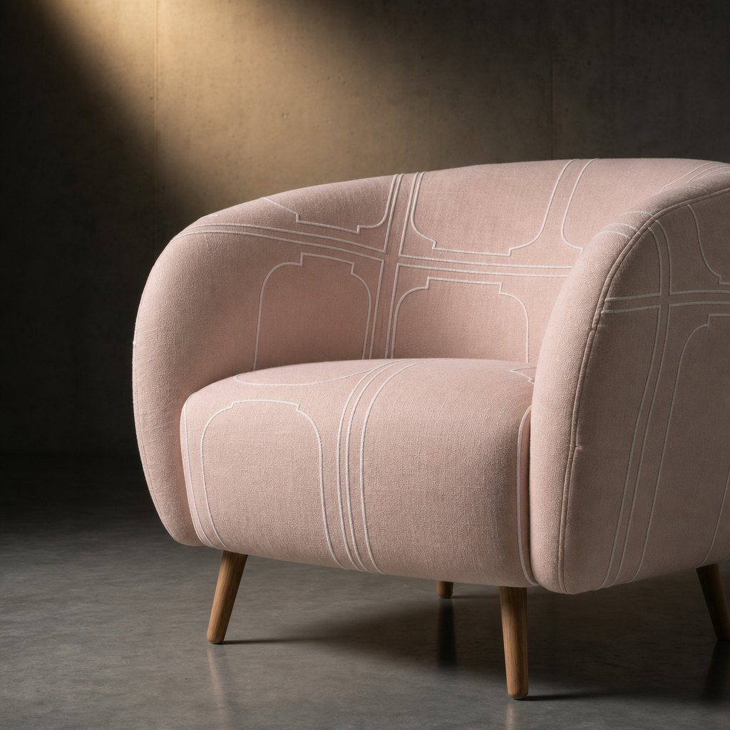 AI lifestyle scene, a blush armchair with embroidered line work, close crop on concrete