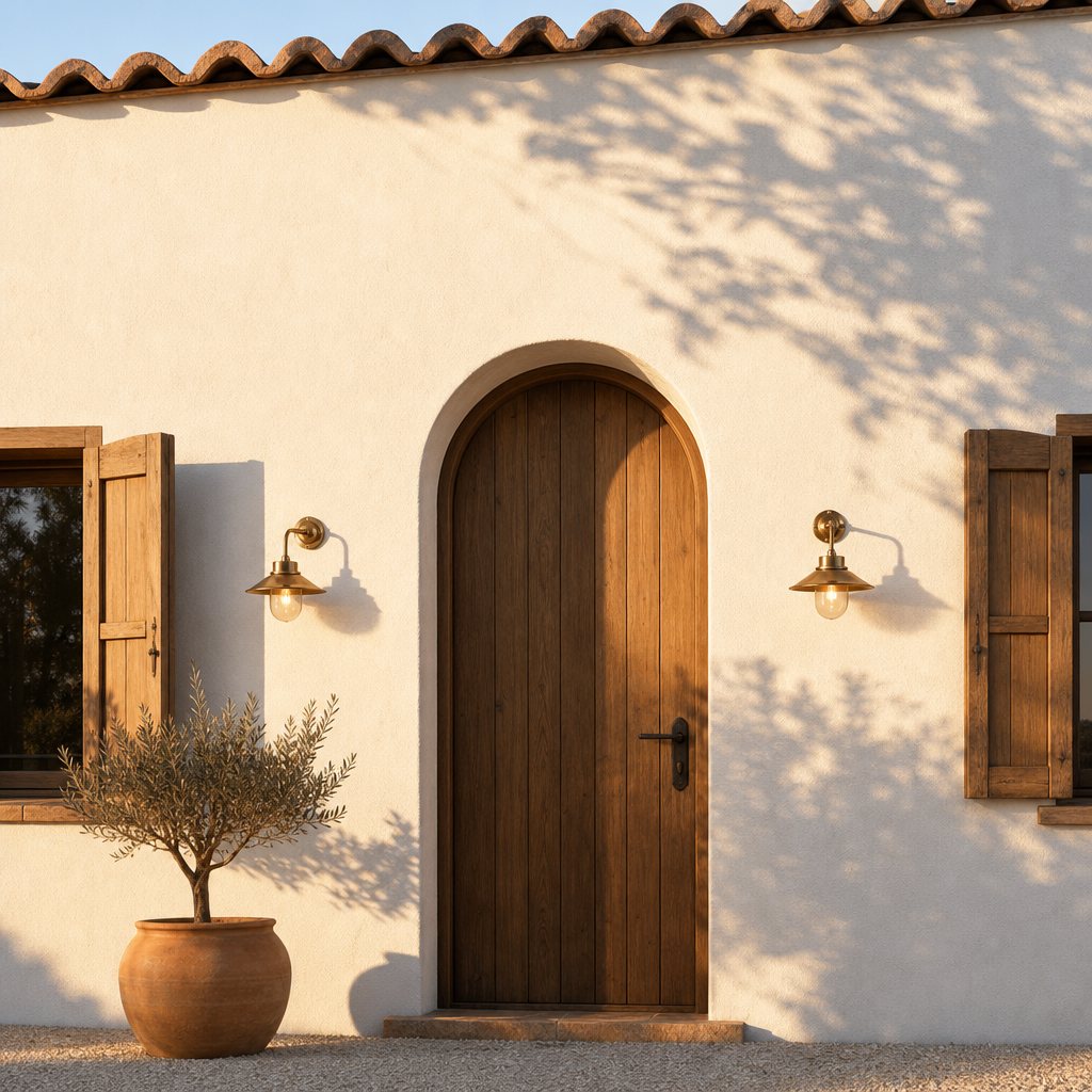 AI lifestyle scene, brass wall lights beside an arched doorway in daylight