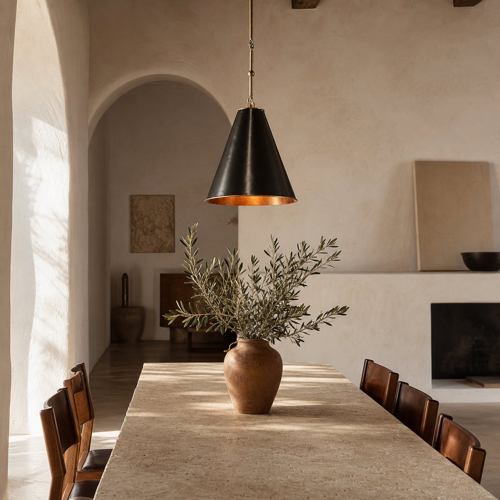 AI lifestyle scene, a cone pendant over a dining table in a plaster room