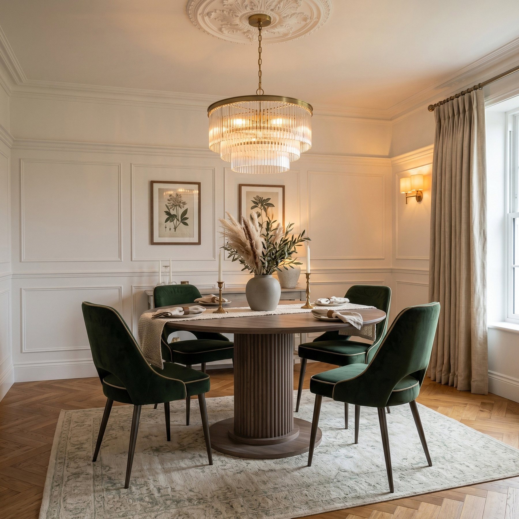 AI lifestyle scene, a dining room with a chandelier and green velvet chairs