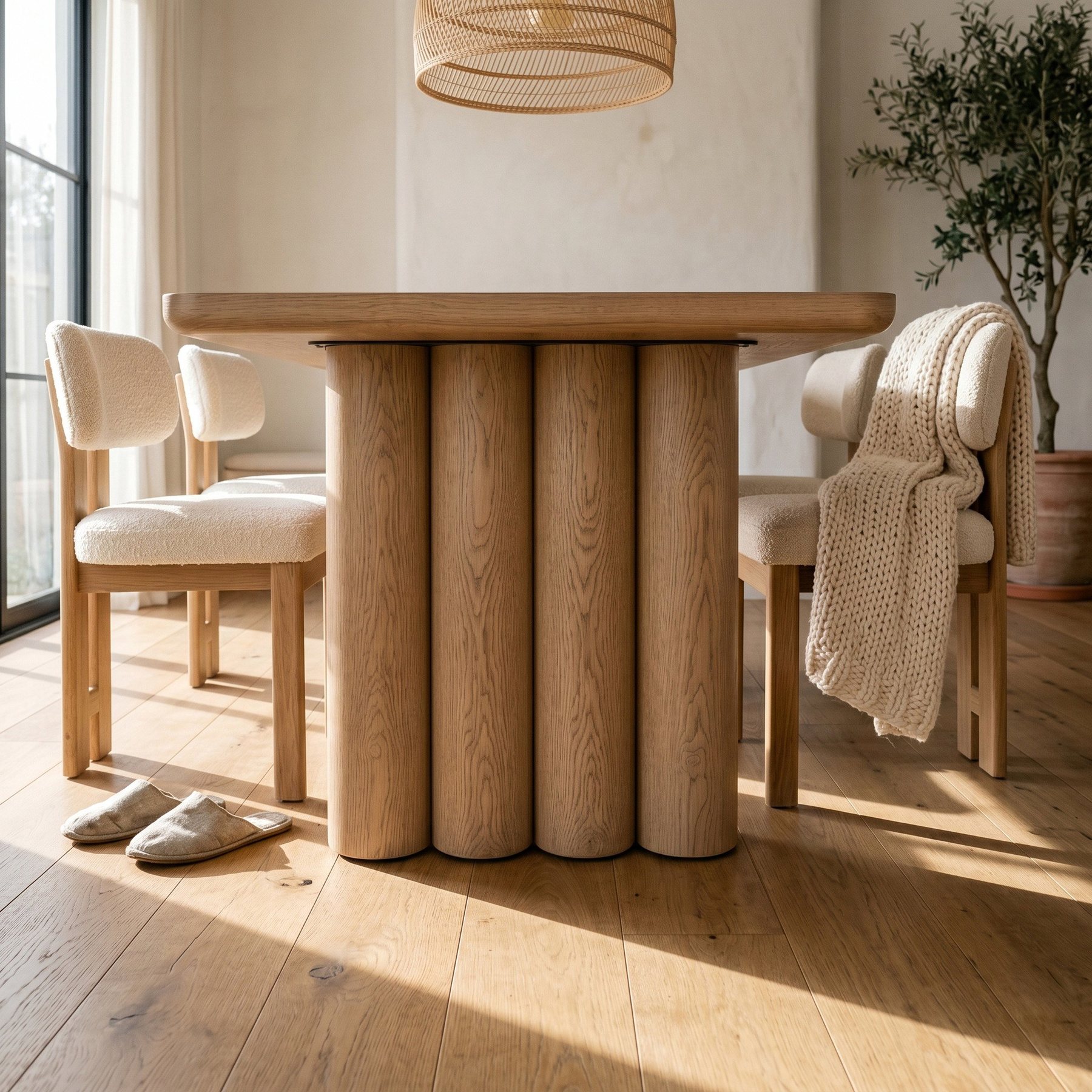 AI lifestyle scene, a fluted oak pedestal dining table by a window