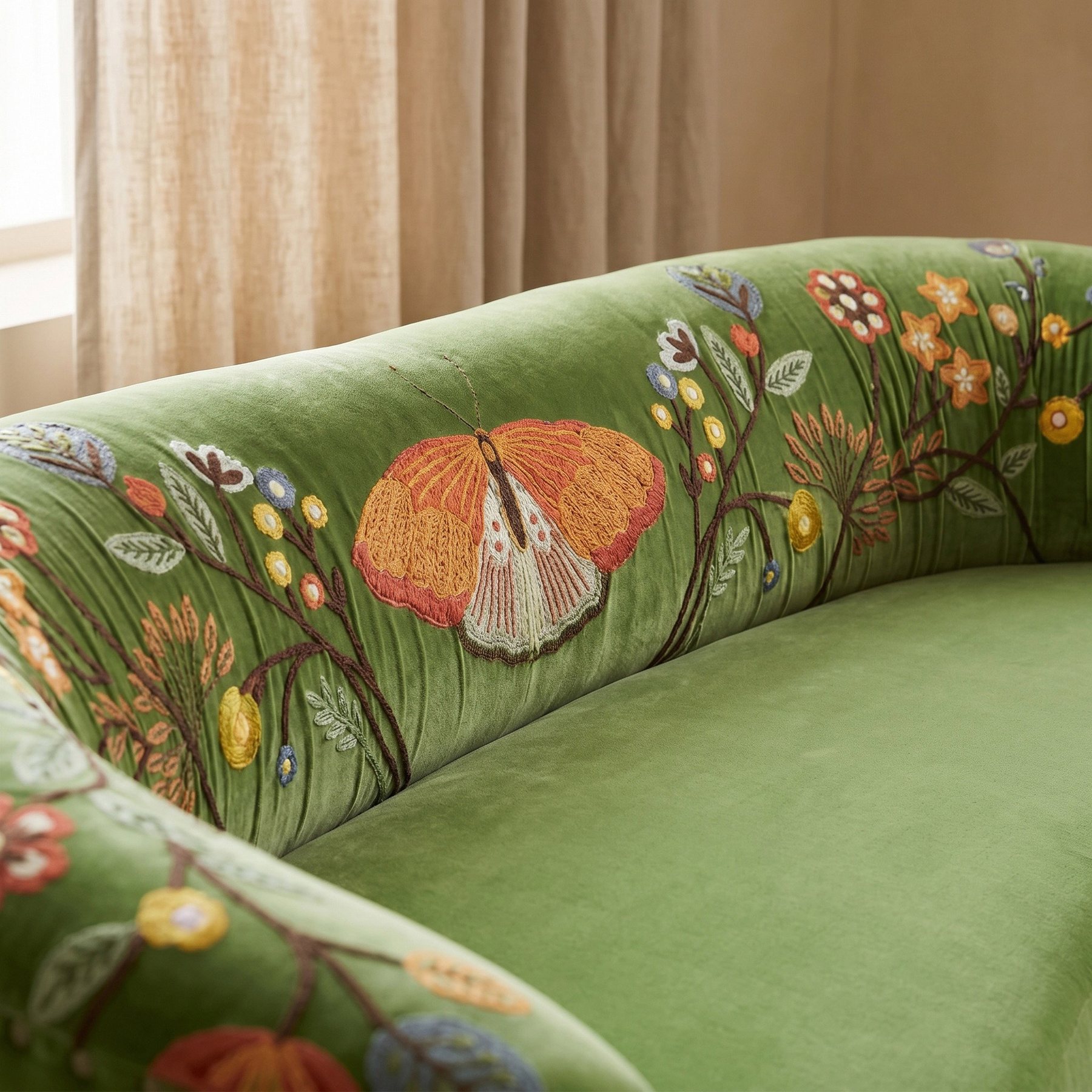AI lifestyle scene, a green velvet sofa with botanical embroidery, close crop