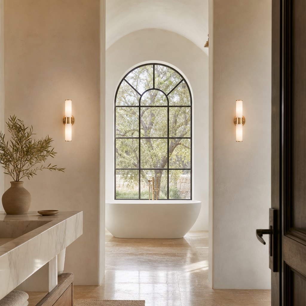 AI lifestyle scene, two Herman wall lights framing an arched window in a bathroom