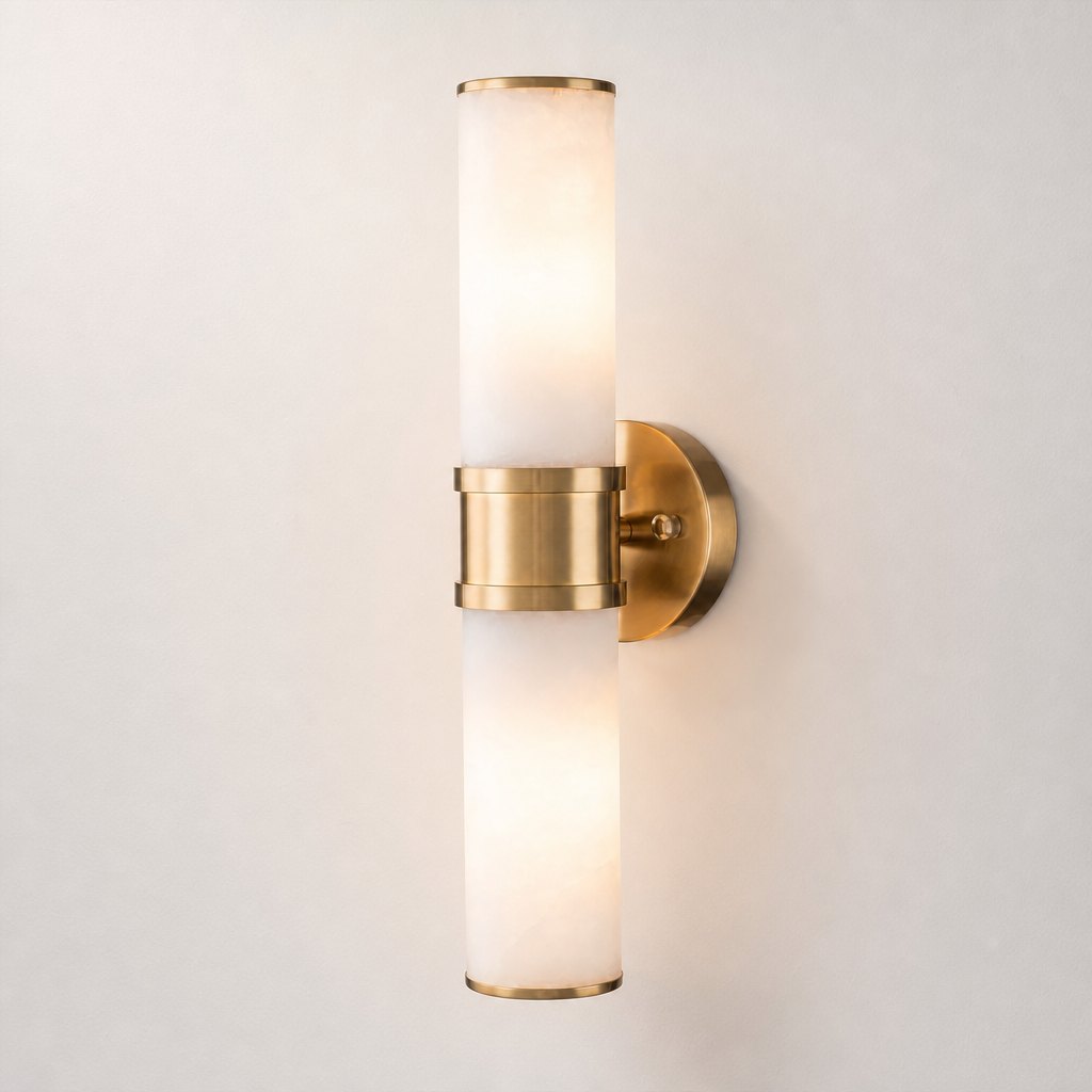 AI lifestyle scene, the Herman double wall light on a plaster wall