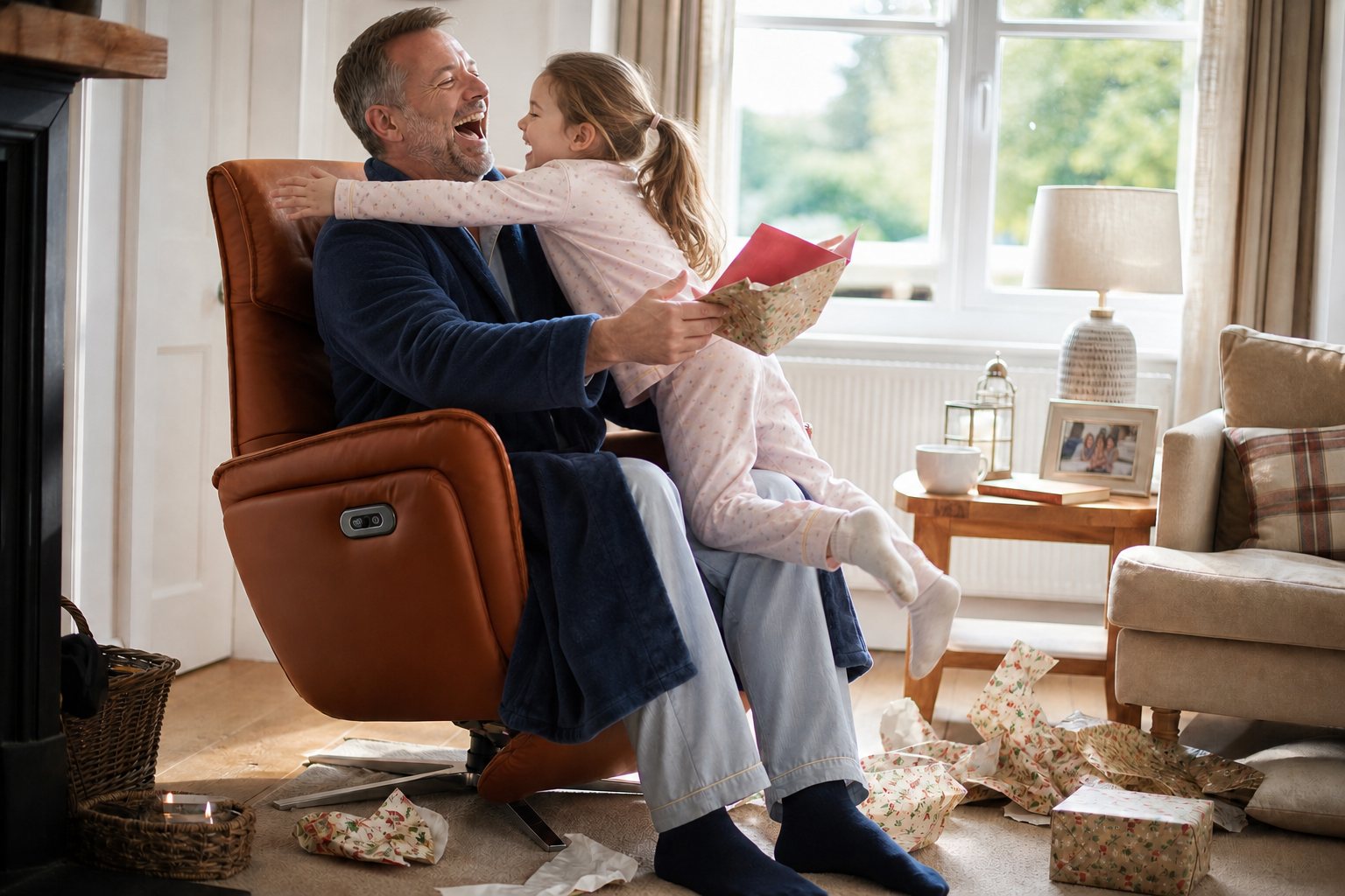 AI lifestyle scene, a leather recliner in a family living room
