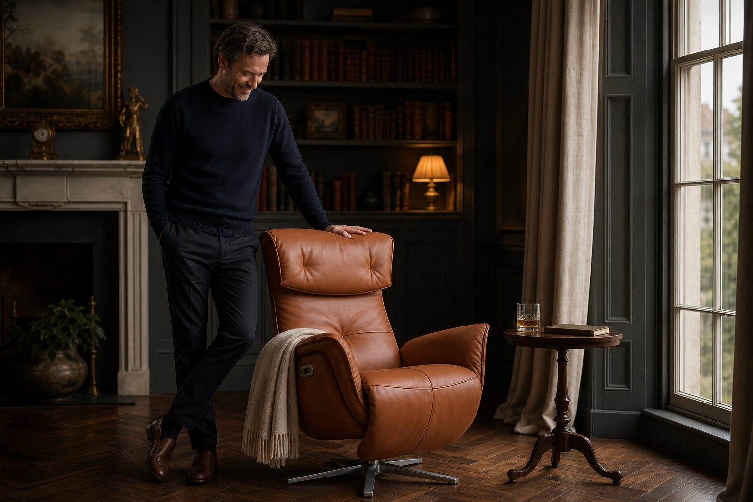 AI lifestyle scene, a leather recliner in a library with a fireplace