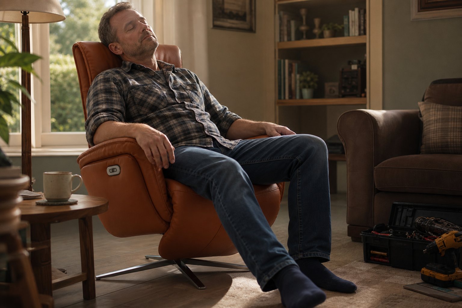 AI lifestyle scene, a leather recliner reclined in a study