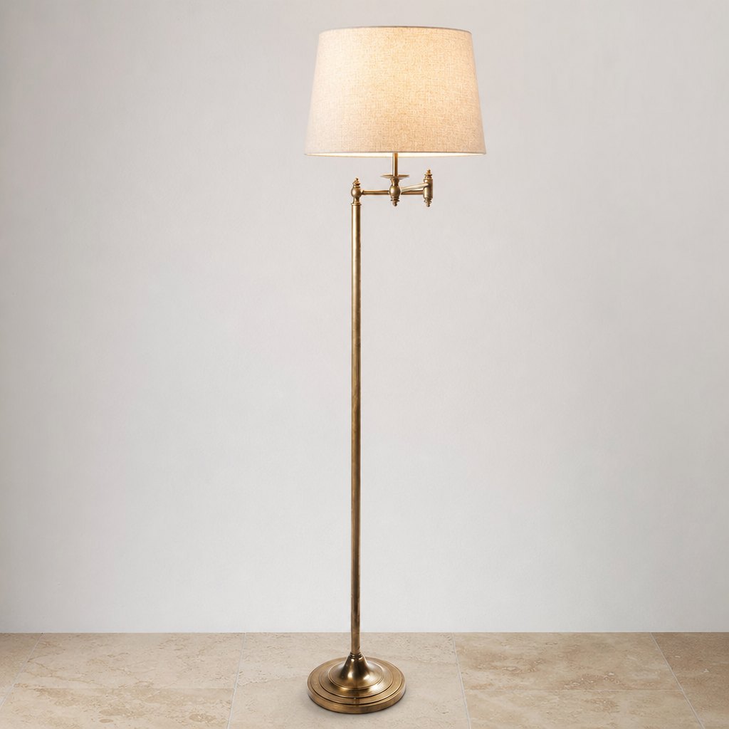 AI lifestyle scene, the Macleay floor lamp against a plaster wall on a travertine floor
