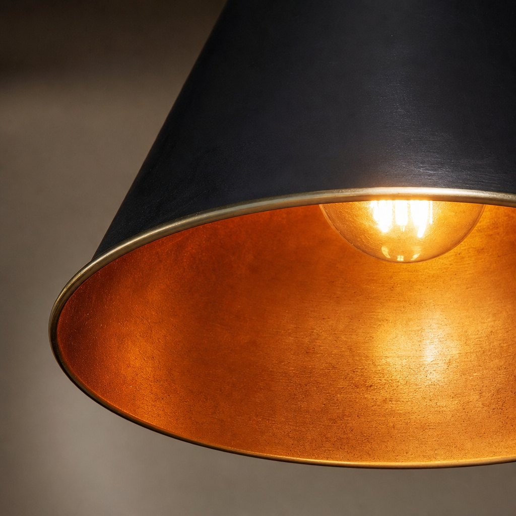 AI lifestyle scene, close detail of the lit brass interior of the cone shade