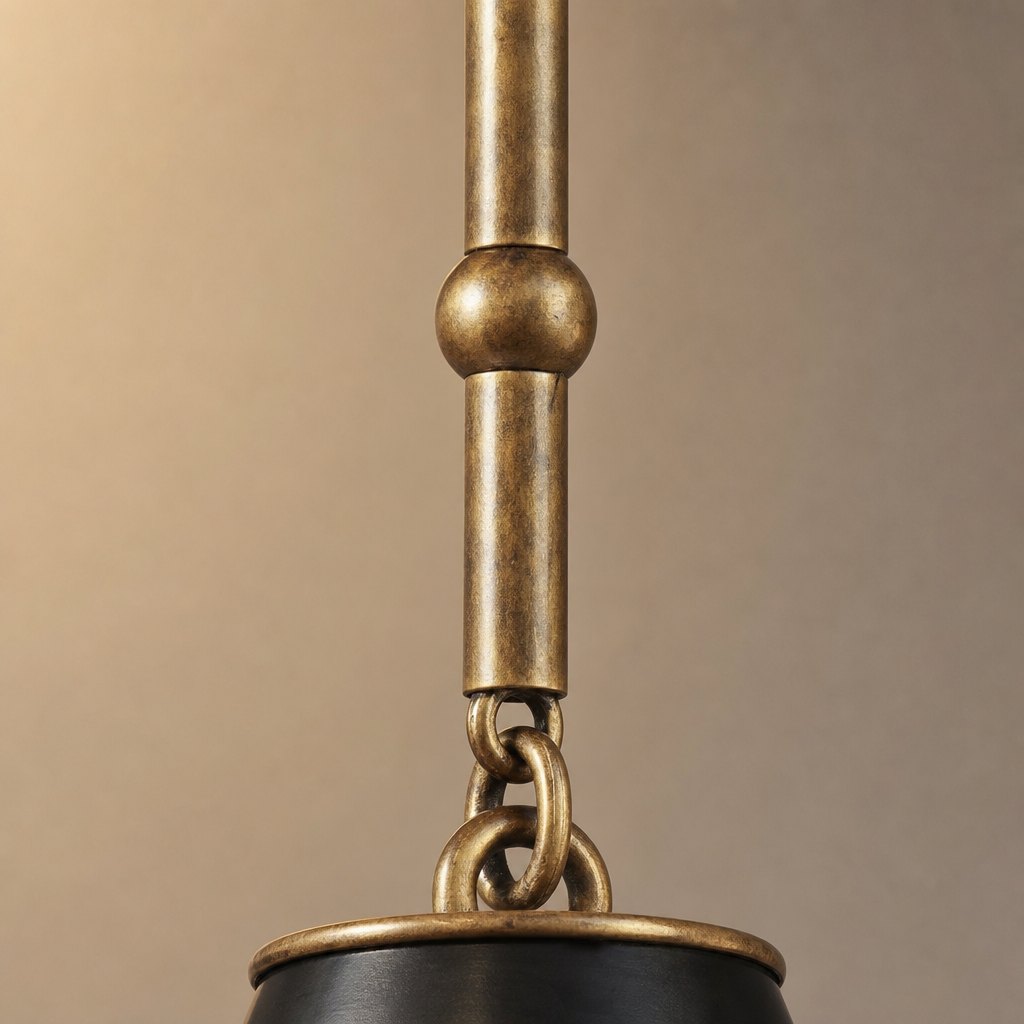 AI lifestyle scene, close detail of the brass stem, its ball joint and chain link