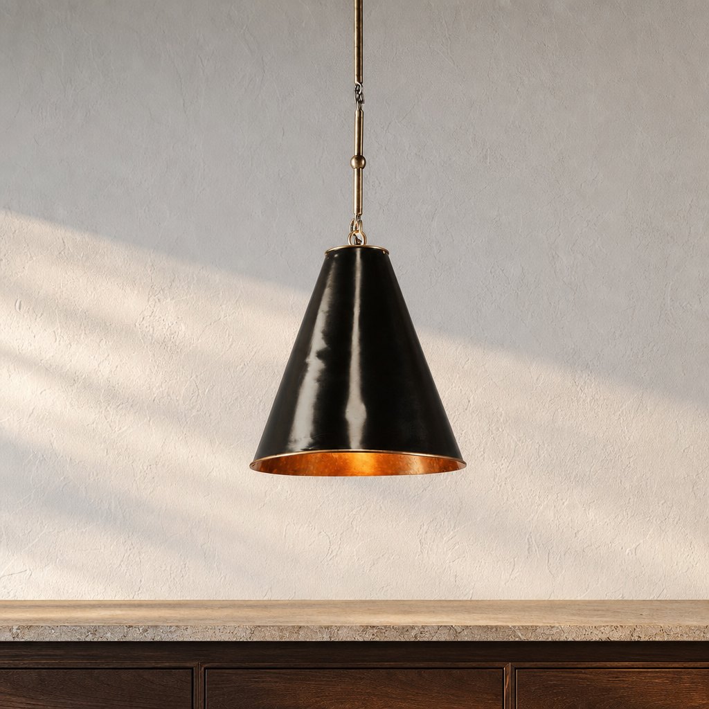 AI lifestyle scene, the Monte Carlo pendant hanging over a timber sideboard