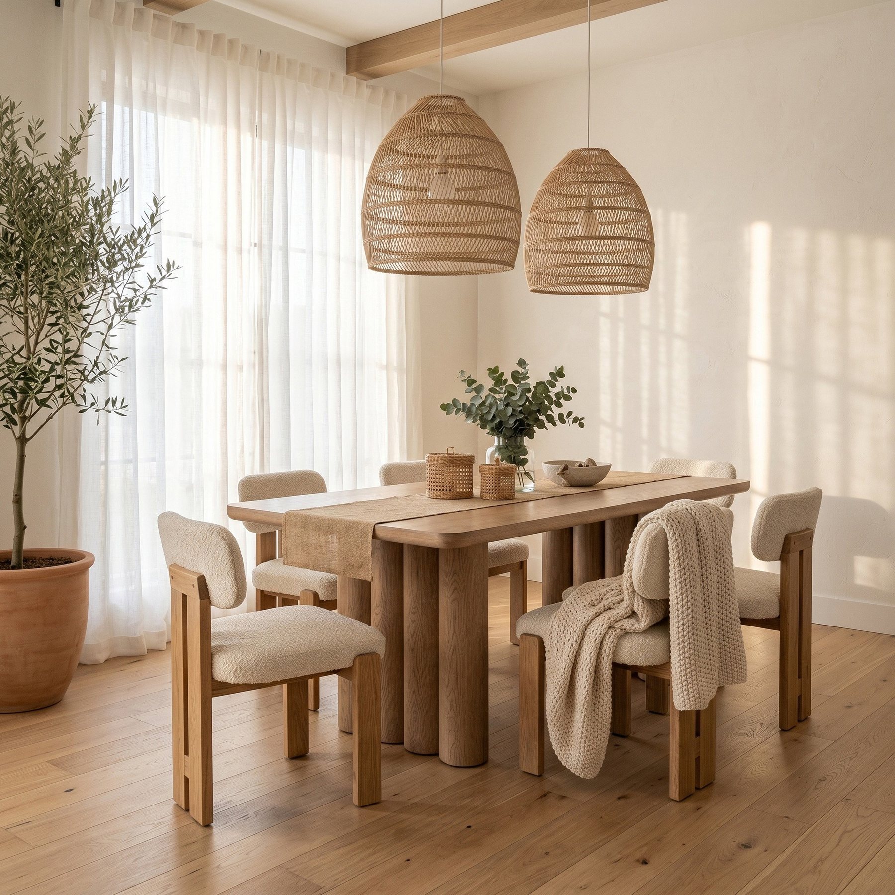 AI lifestyle scene, an oak dining table under rattan pendants