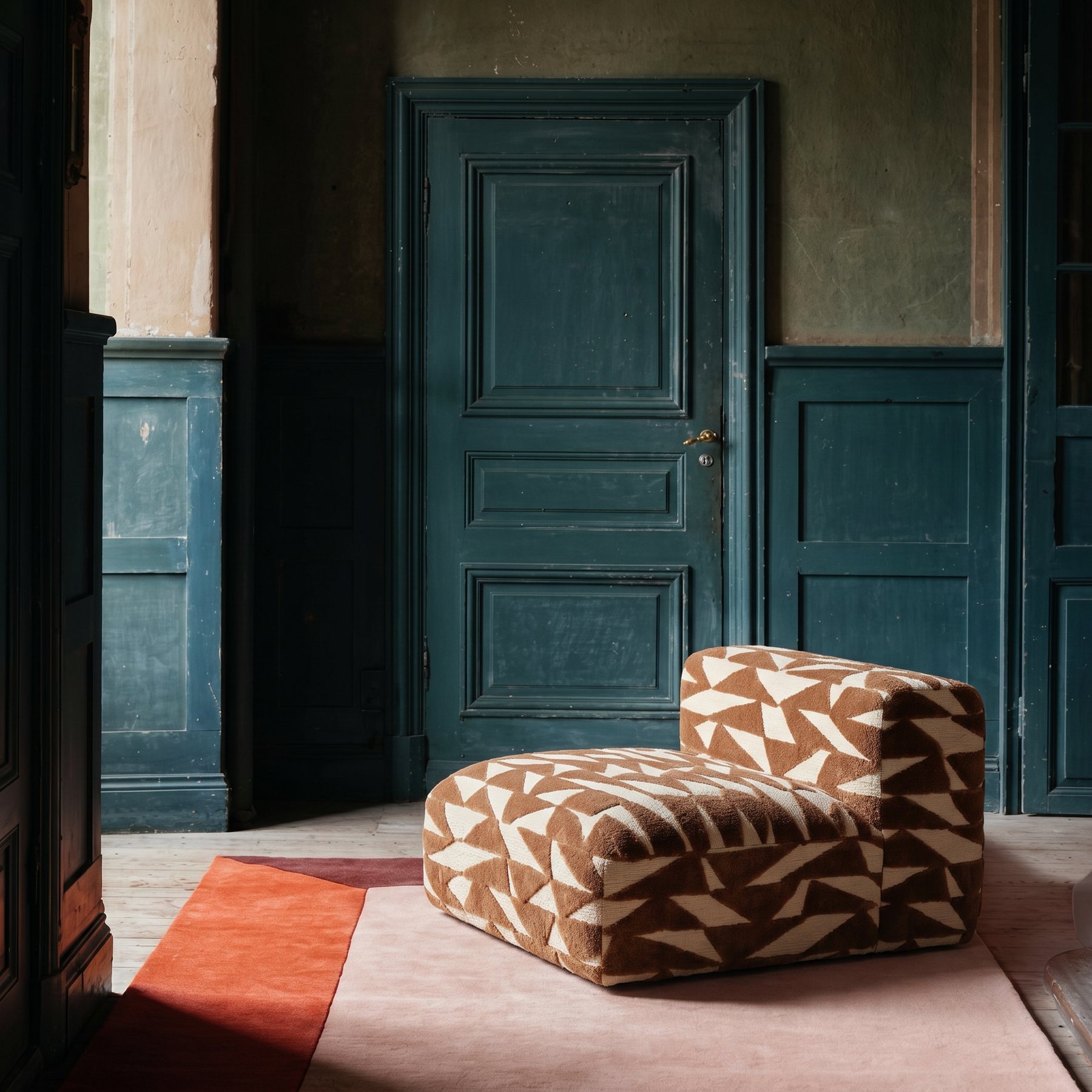 AI lifestyle scene, a patterned lounge chair in a teal panelled room