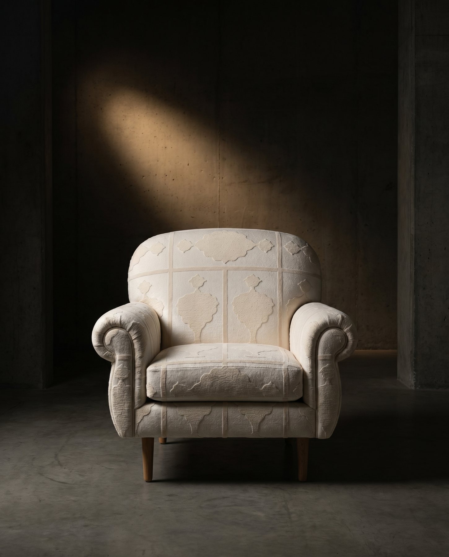 AI lifestyle scene, a quilted armchair lit by a single shaft of light
