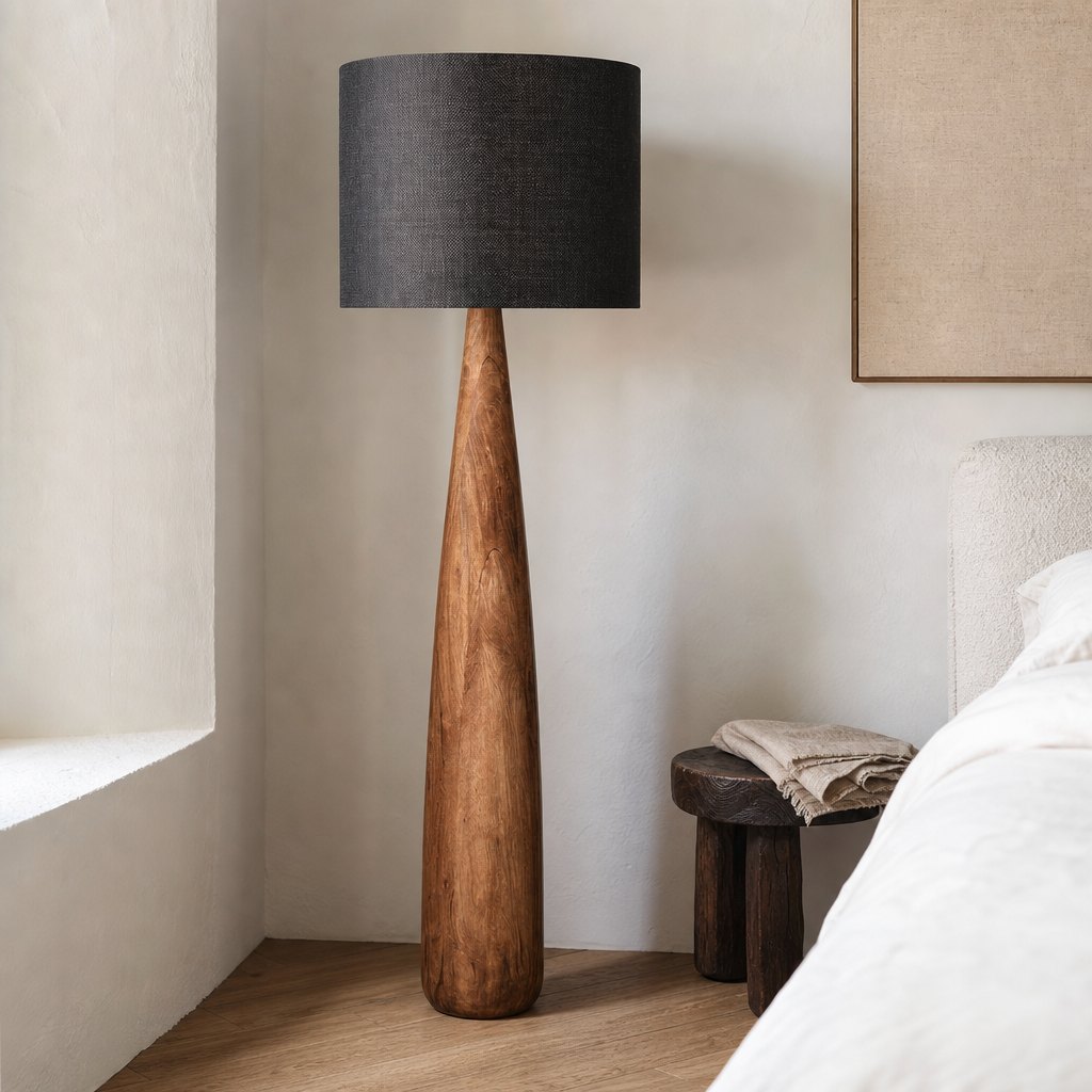 AI lifestyle scene, the Samson floor lamp with a black shade in a bedroom corner