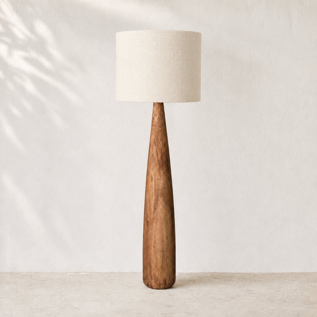 AI lifestyle scene, the Samson timber floor lamp against a plaster wall with palm shadows