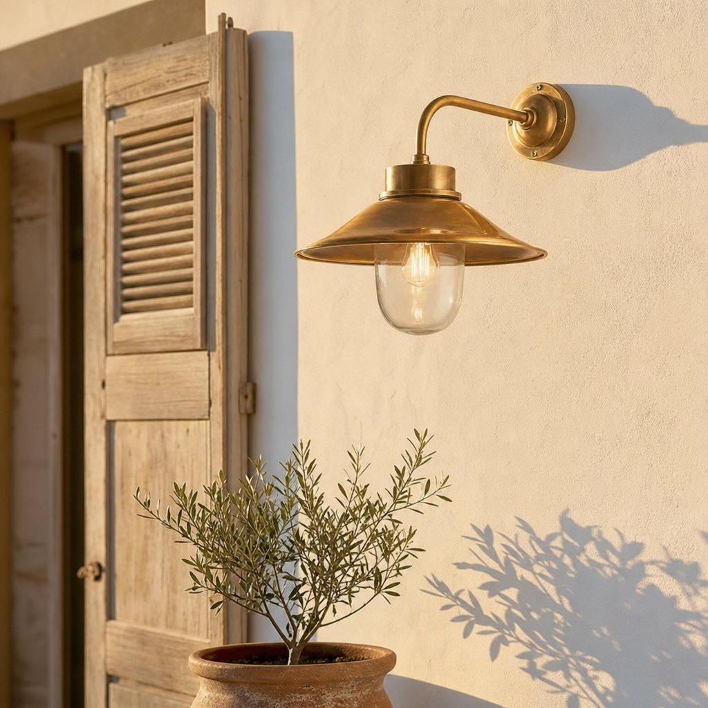 AI lifestyle scene, the Sandhurst wall light beside timber shutters in golden light
