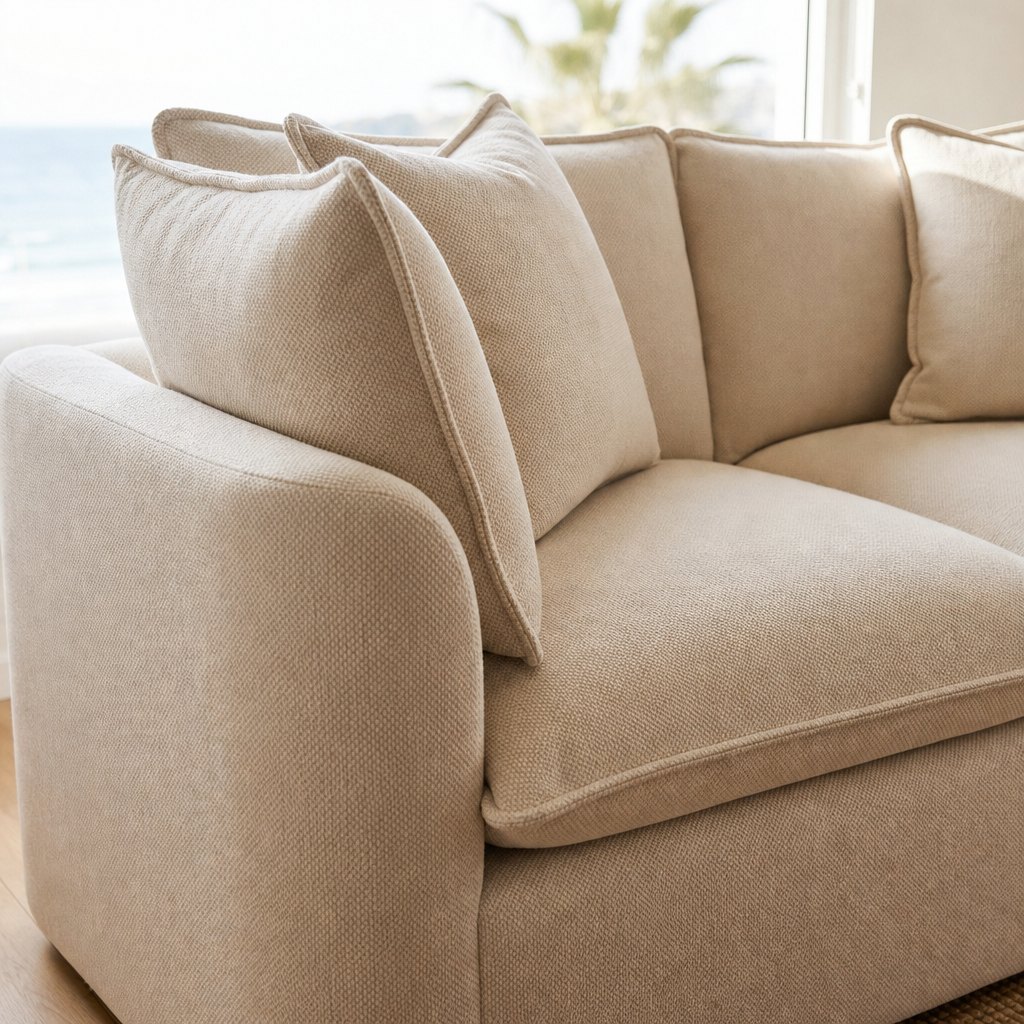AI lifestyle scene, close detail of the Tama Sofa arm, its piping and cushion weave