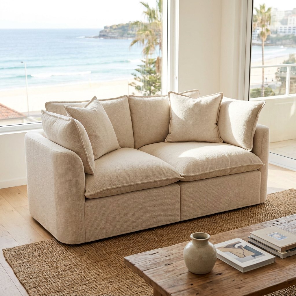 AI lifestyle scene, the Tama Sofa in a Bondi living room facing the beach