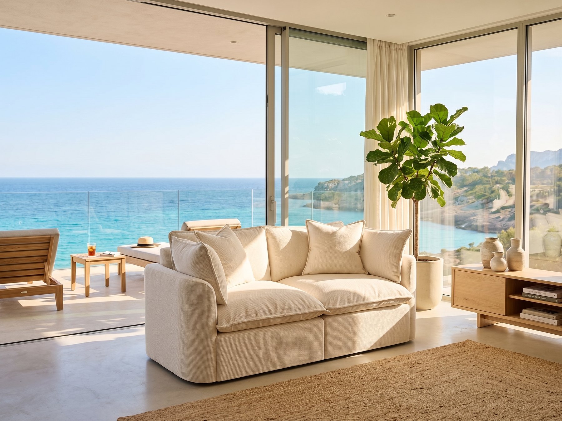 AI lifestyle scene, the Tama Sofa in a seaside apartment opening onto the water