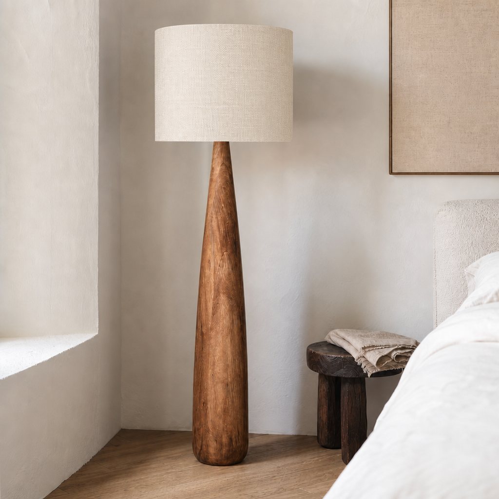 AI lifestyle scene, a turned timber floor lamp in a bedroom