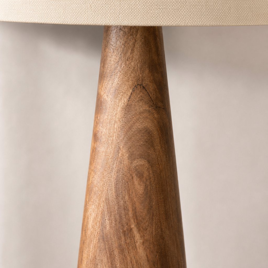 AI lifestyle scene, close detail of a turned timber lamp base
