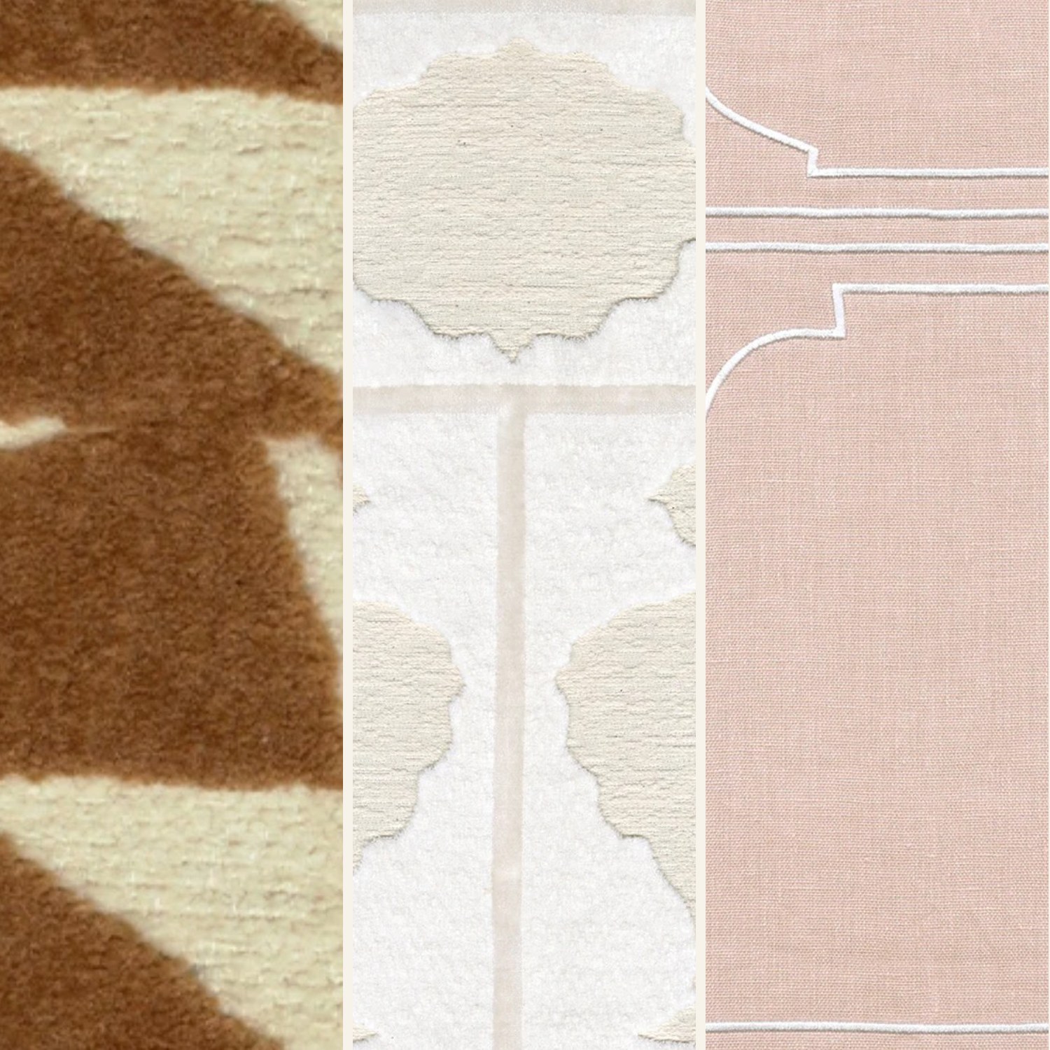The three upholstery swatches supplied by the brand, one per armchair