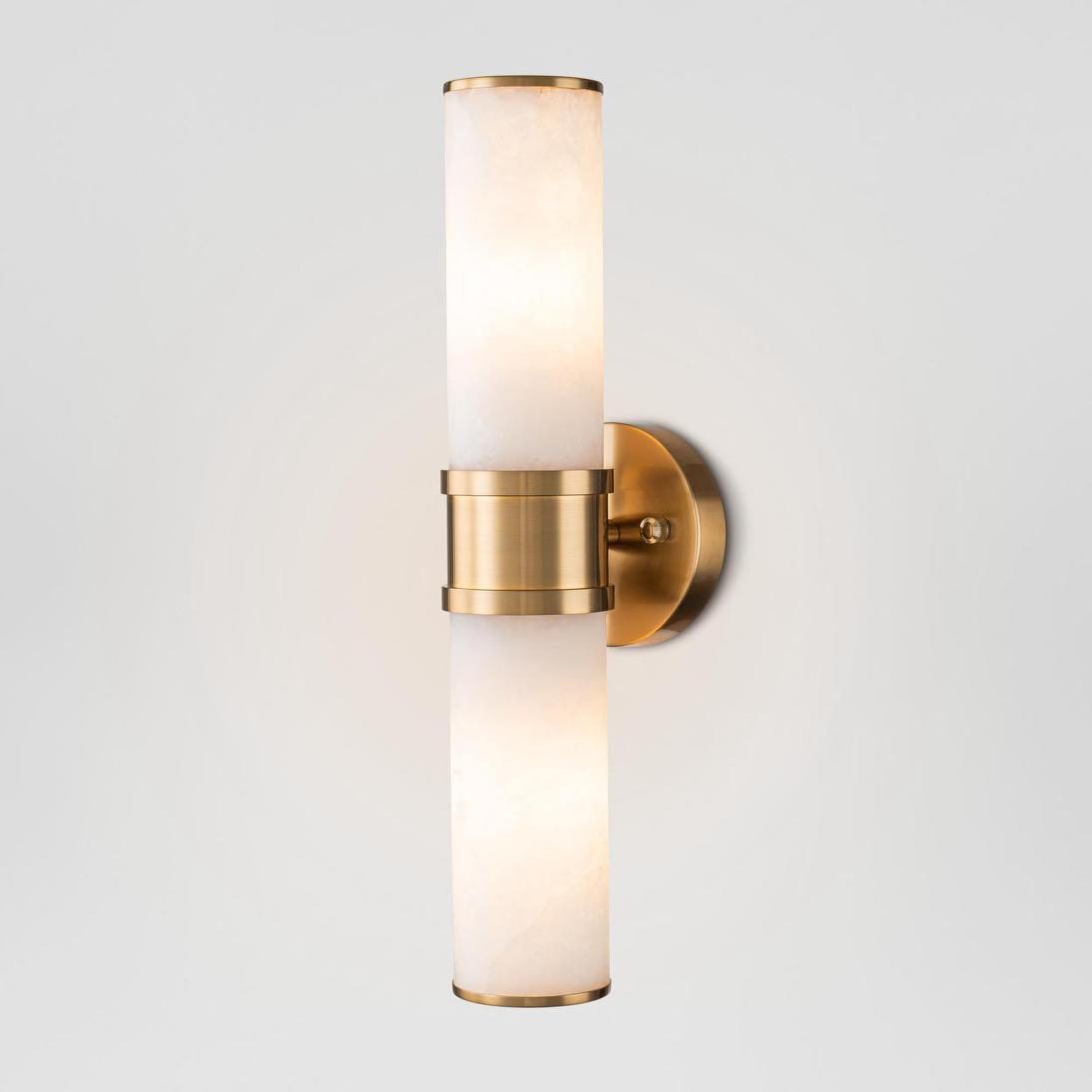 Herman Double Wall Light lit, alabaster and brass, the product photo supplied by the brand