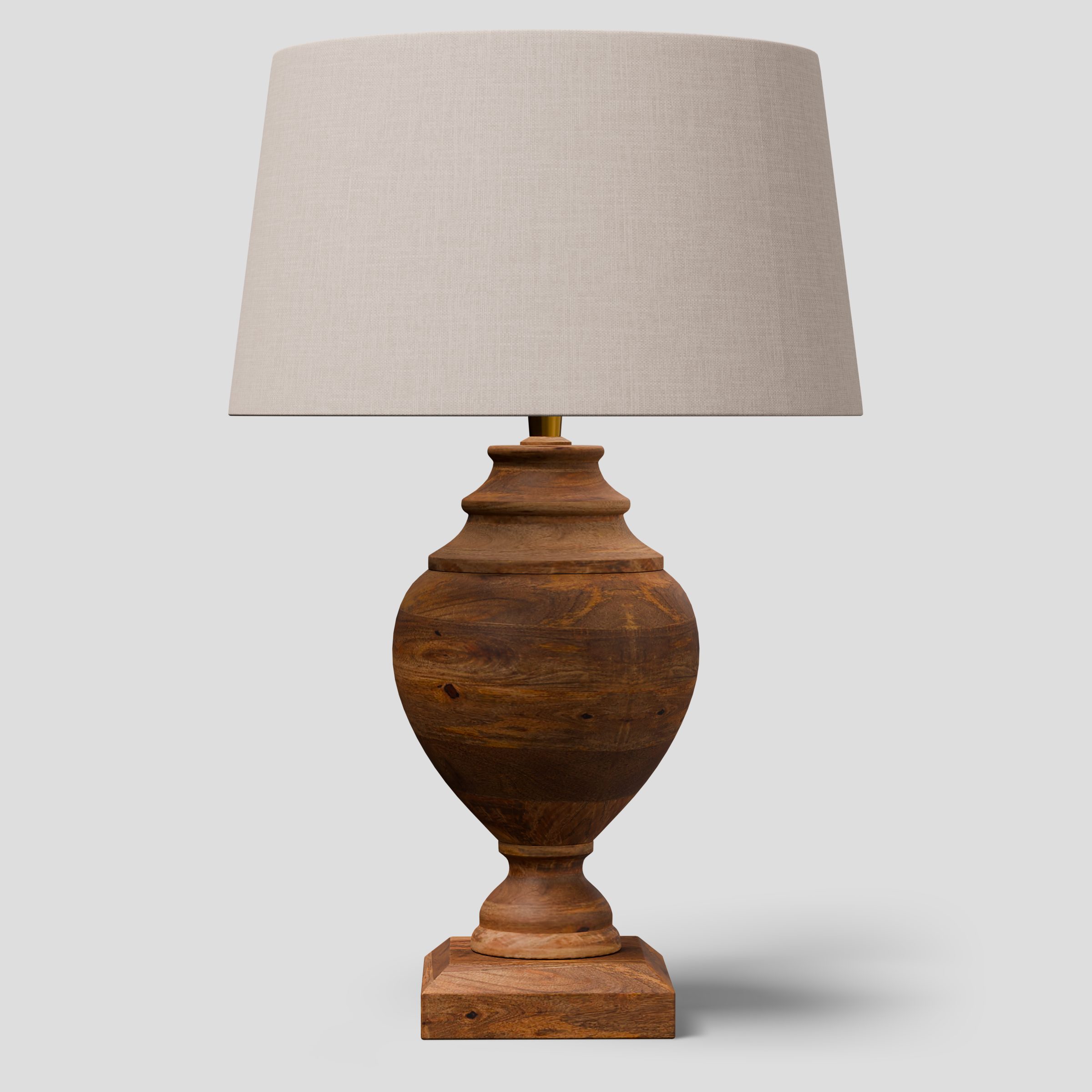 CGI pack shot, Amphora table lamp in dark natural timber, front view