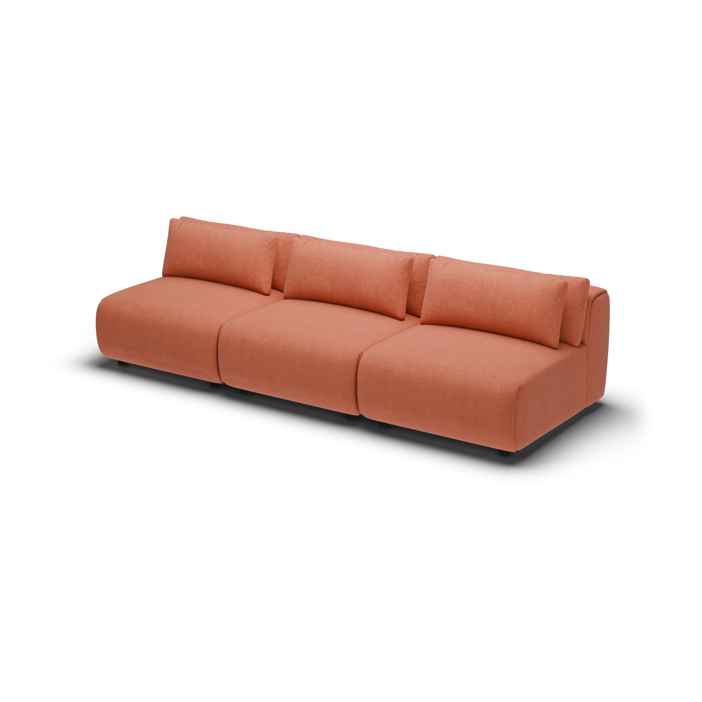 CGI pack shot of the same terracotta three seater, three-quarter view