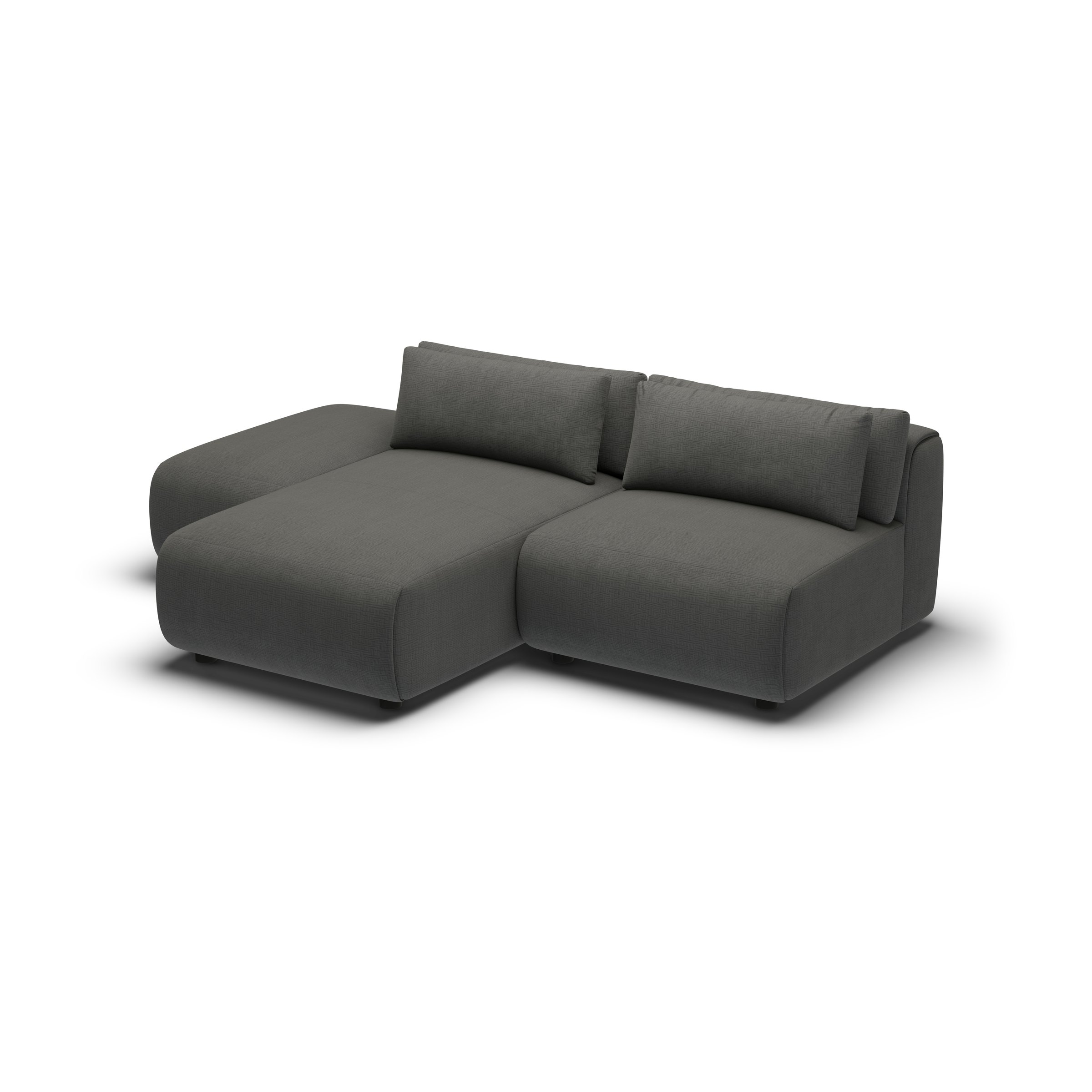 CGI pack shot of the same charcoal chaise lounger two seater, three-quarter view