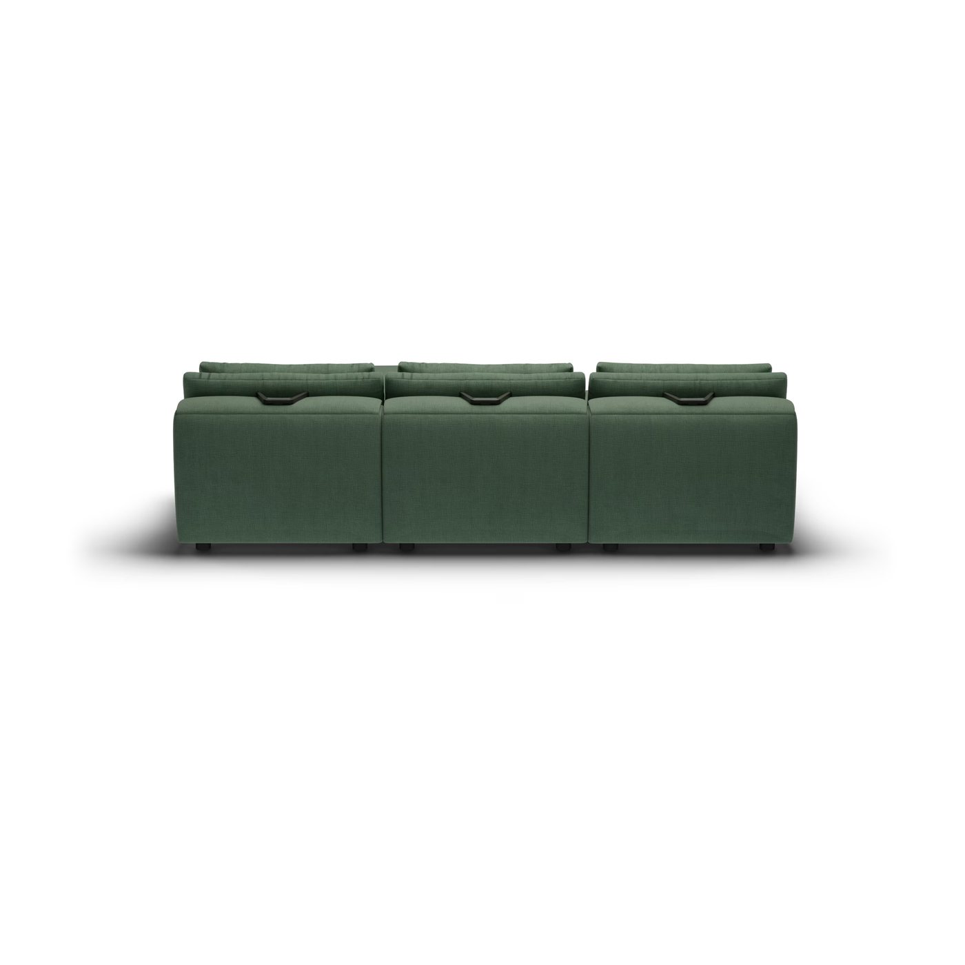 CGI pack shot, chaise sofa, 2 seats and 1 chaise and 1 ottoman in forest, back view