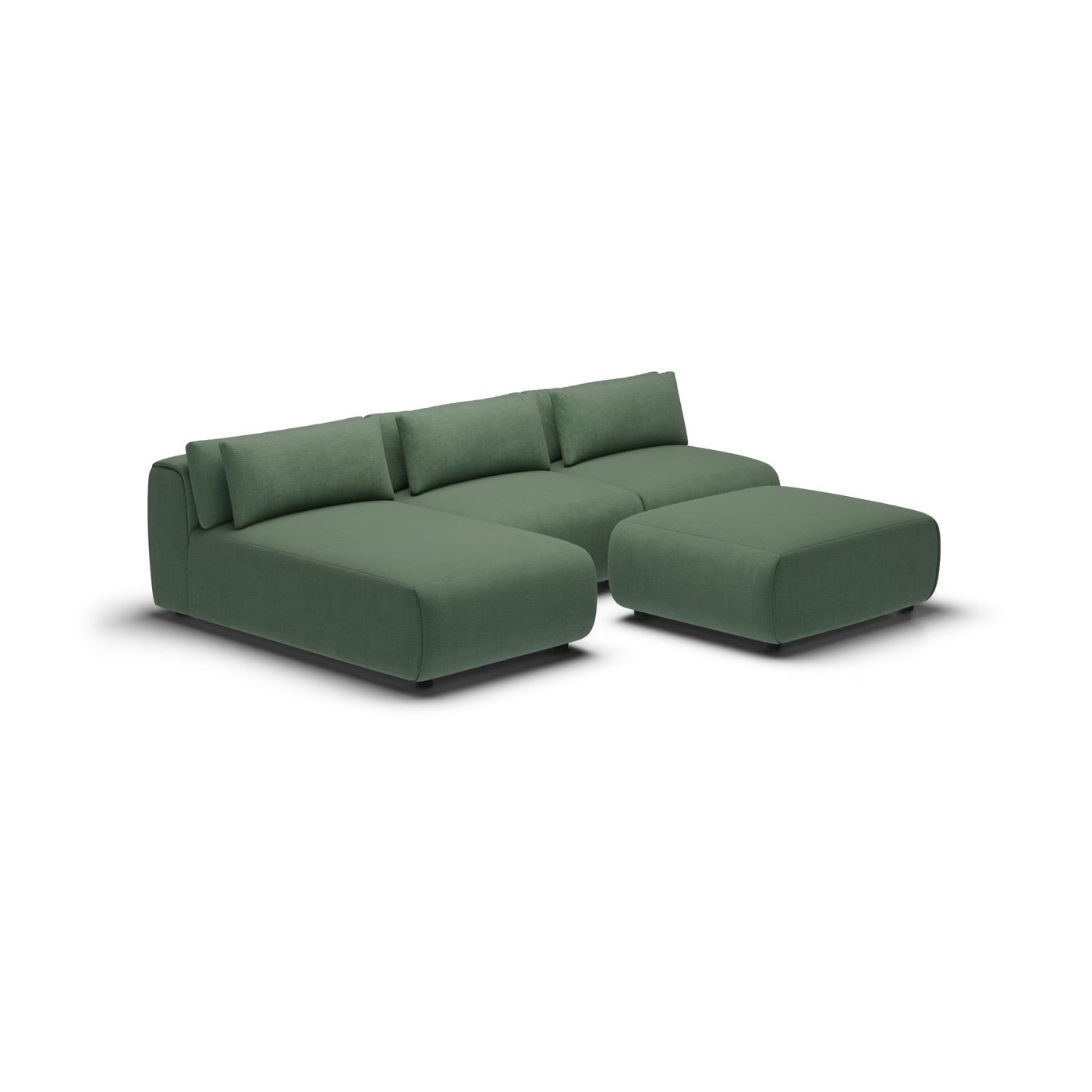 CGI pack shot, chaise sofa, 2 seats and 1 chaise and 1 ottoman in forest, front left view