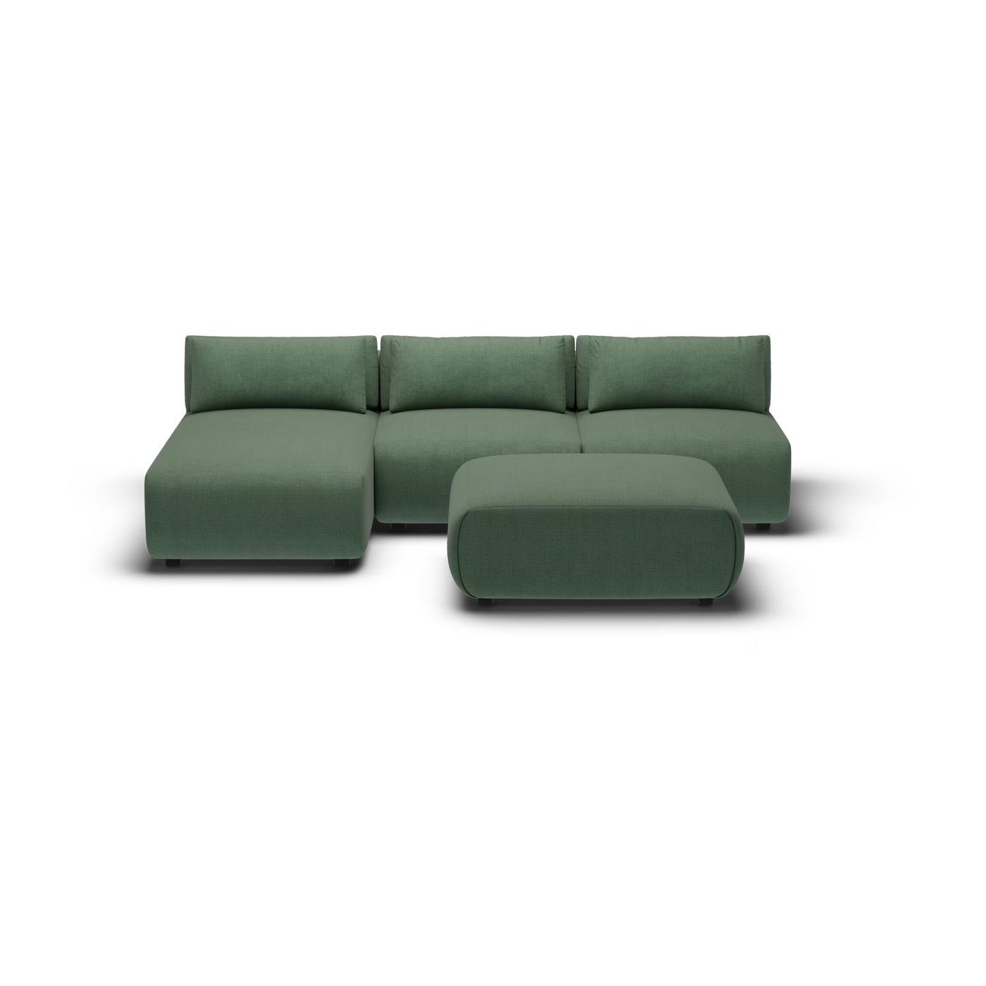CGI pack shot, chaise sofa, 2 seats and 1 chaise and 1 ottoman in forest, front view