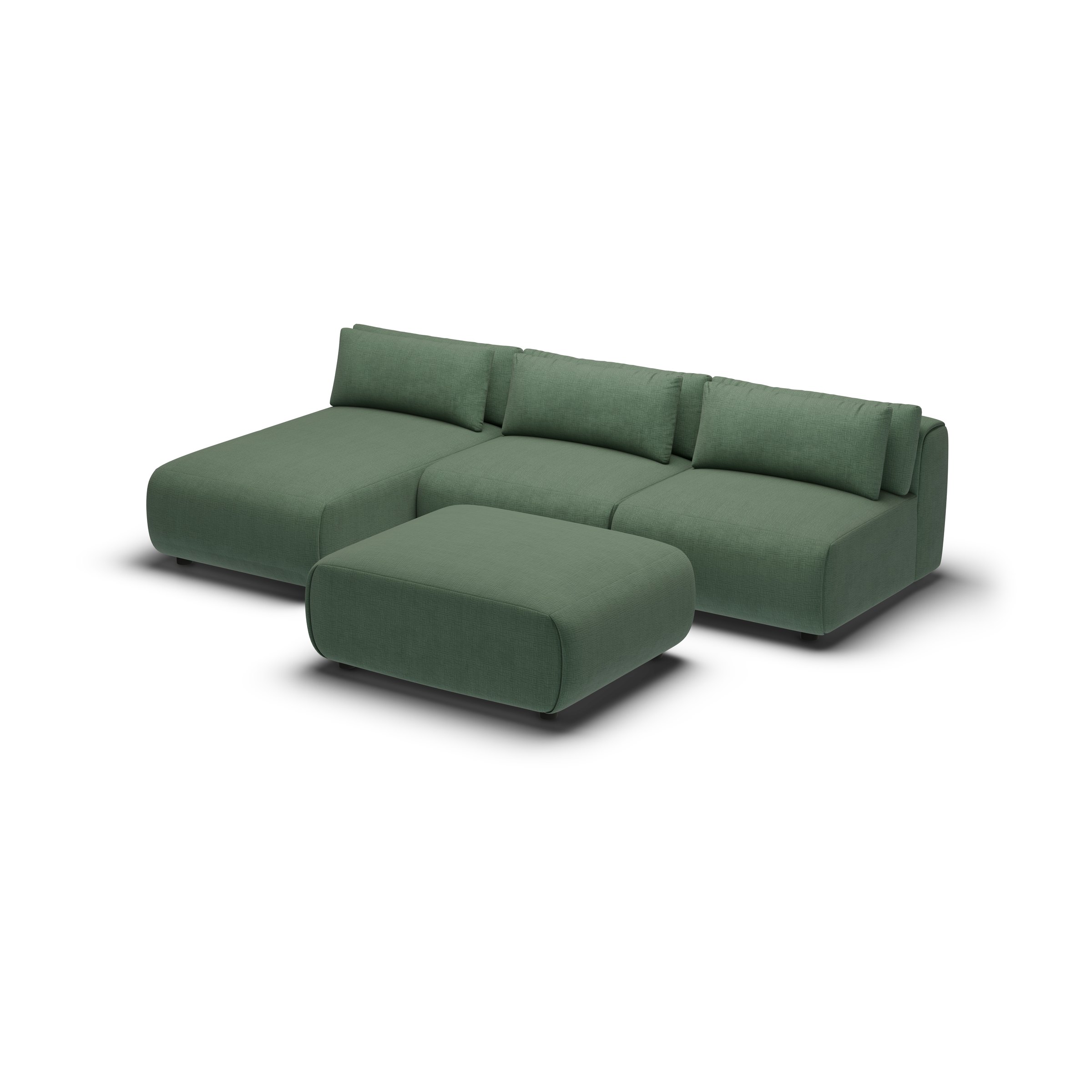 CGI pack shot, chaise sofa, 2 seats and 1 chaise and 1 ottoman in forest, three-quarter view