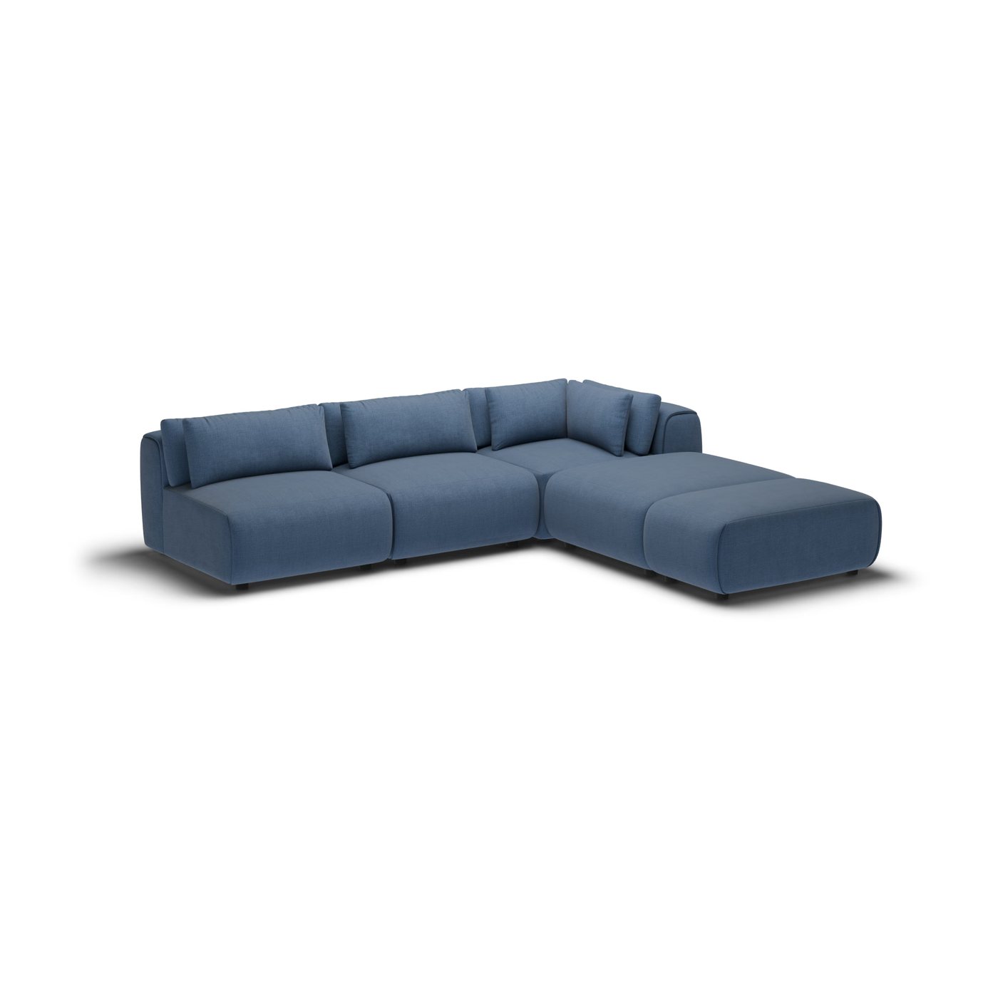 CGI pack shot, l shape corner sofa, 2 seats and 2 ottomans in navy, front view