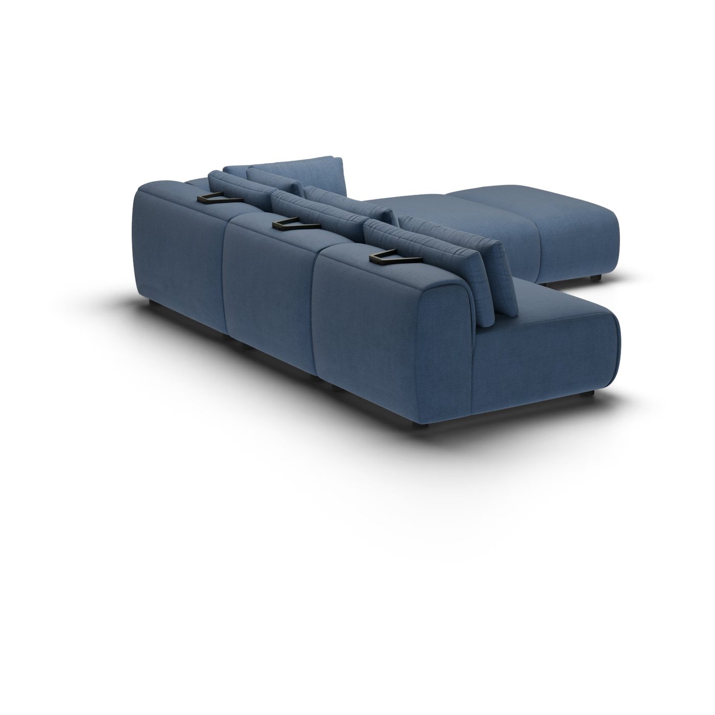 CGI pack shot, l shape corner sofa, 2 seats and 2 ottomans in navy, opposite side view