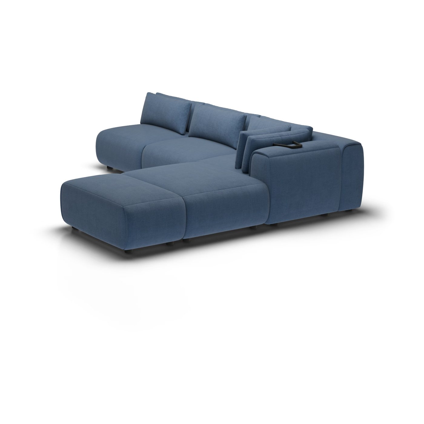 CGI pack shot, l shape corner sofa, 2 seats and 2 ottomans in navy, side view