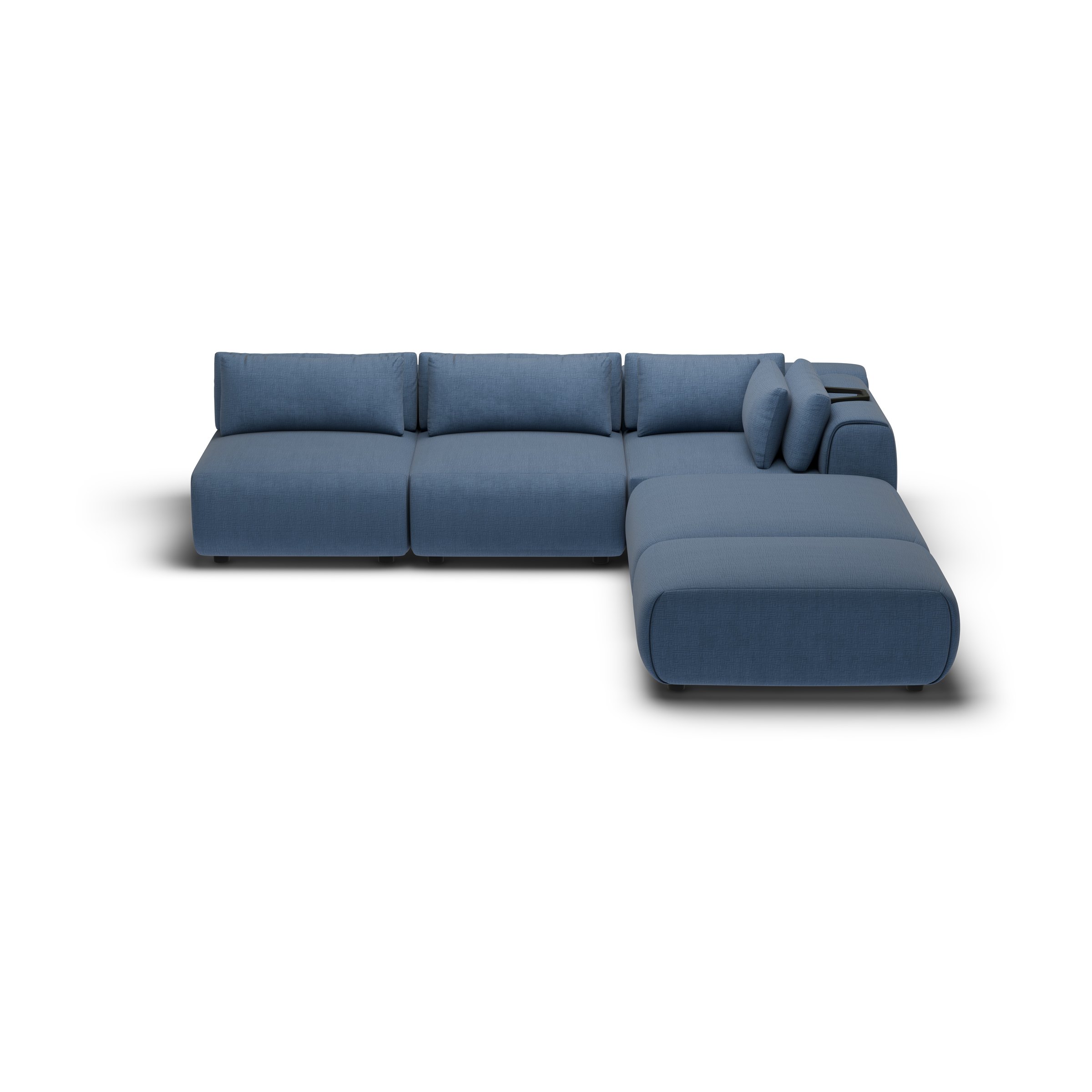 CGI pack shot, l shape corner sofa, 2 seats and 2 ottomans in navy, three-quarter view