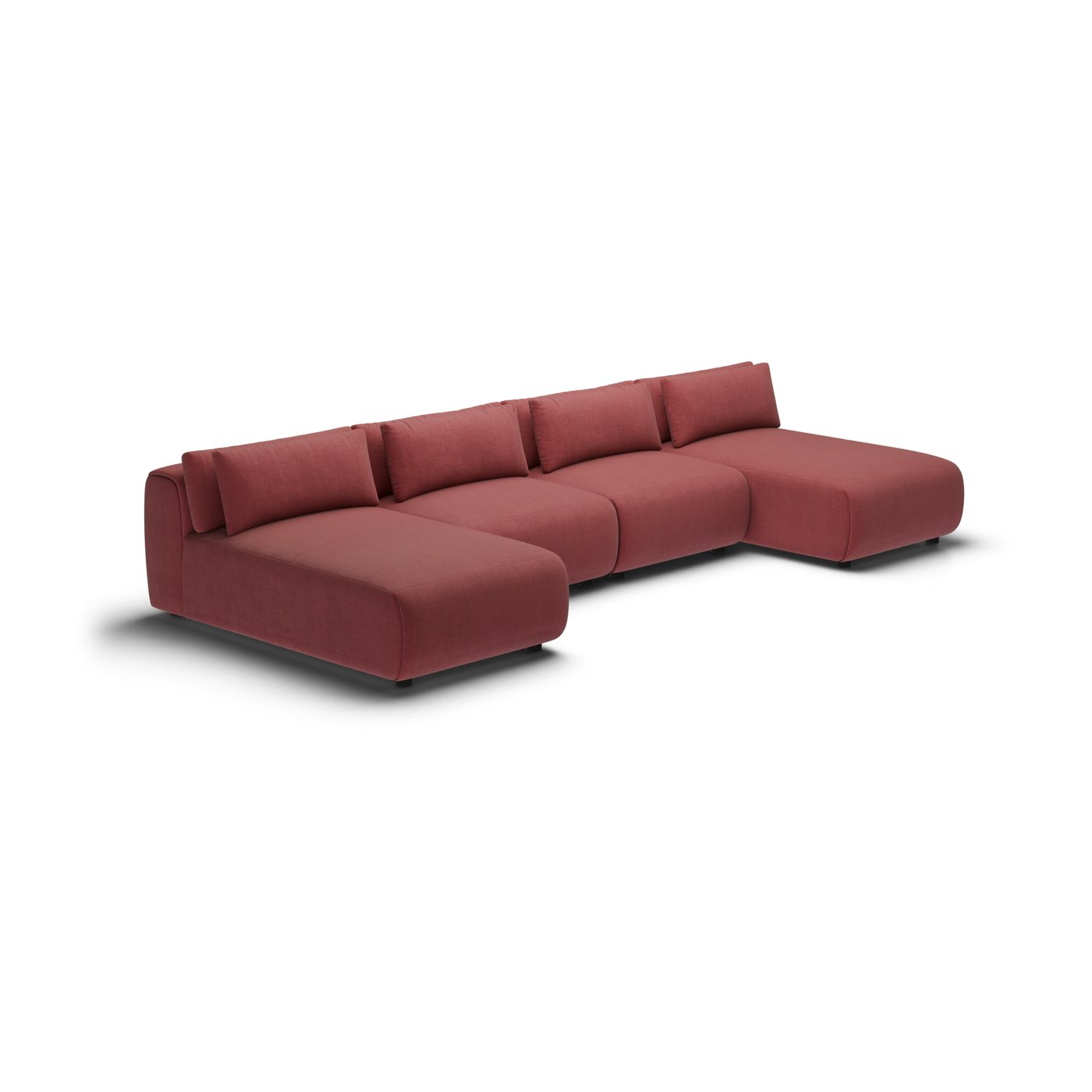 CGI pack shot of the same burgundy U-shape four seater, front left view