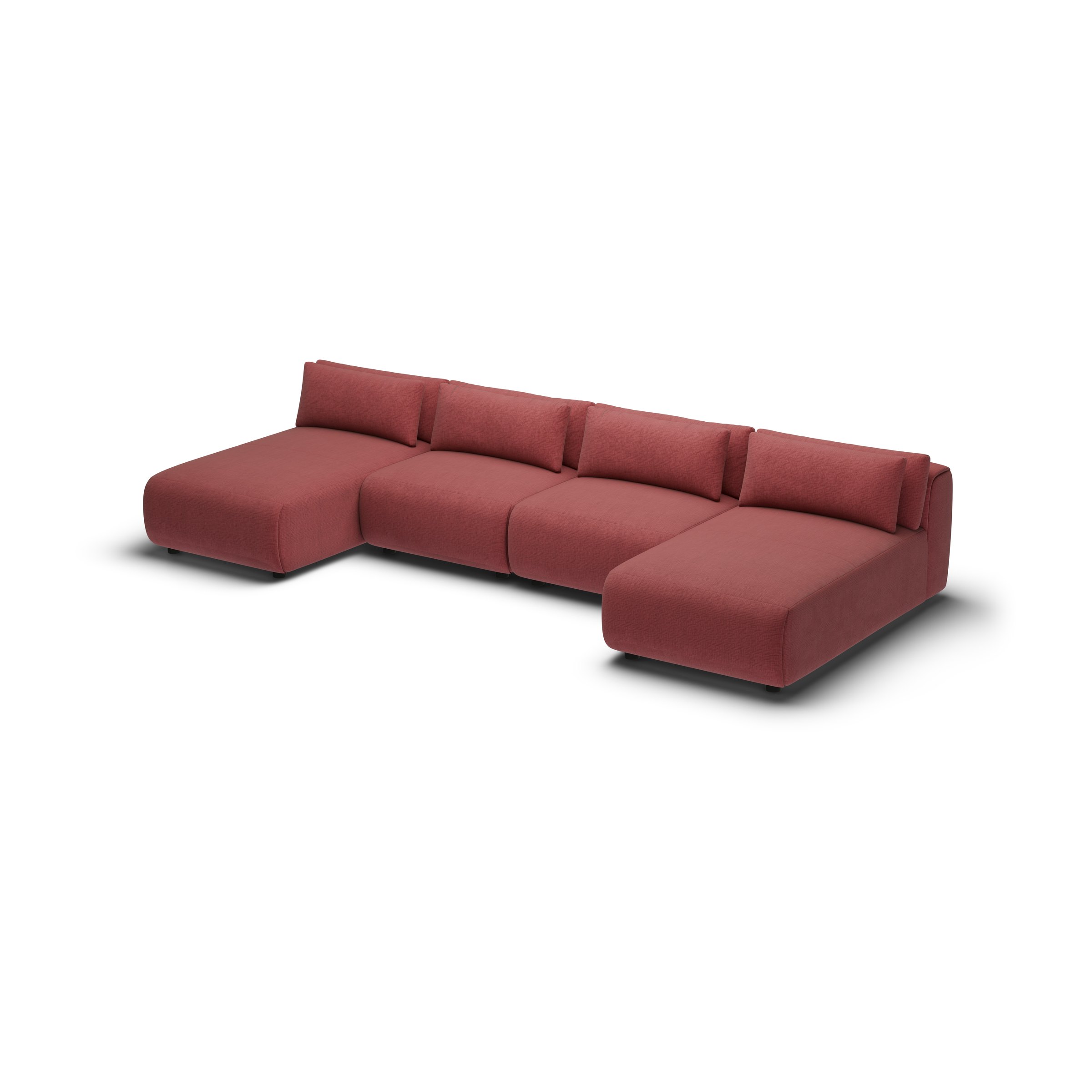 CGI pack shot of the same burgundy U-shape four seater, three-quarter view